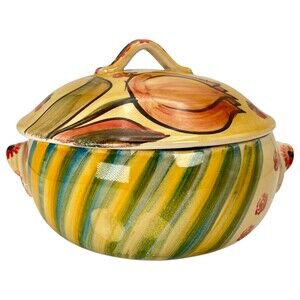 Hand Painted Floral Covered Casserole Dish Soup Tureen Italy Yellow Red Green